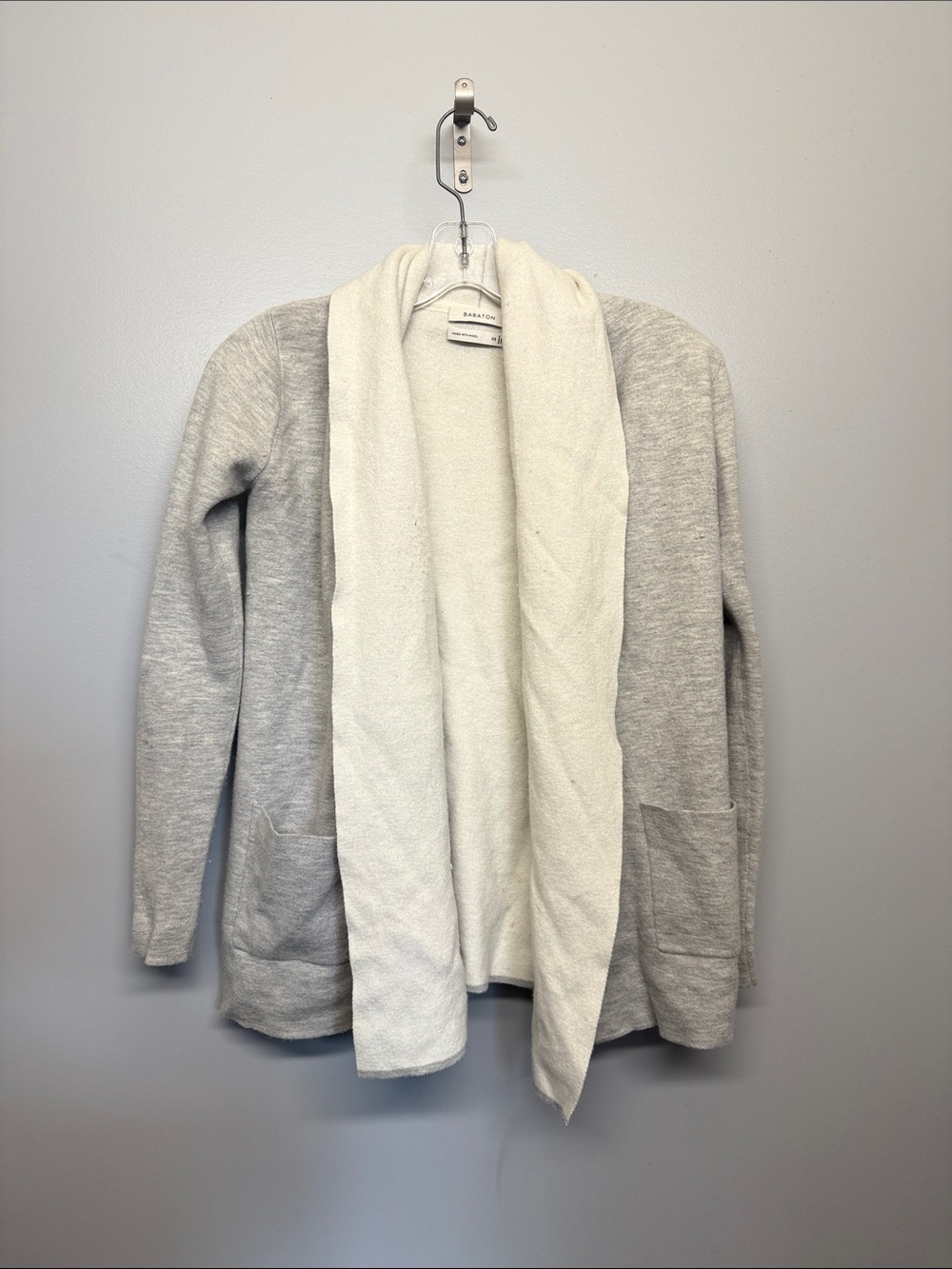 Babaton Wool Two-Tone Open-Front Cardigan in Light Gray and Cream
